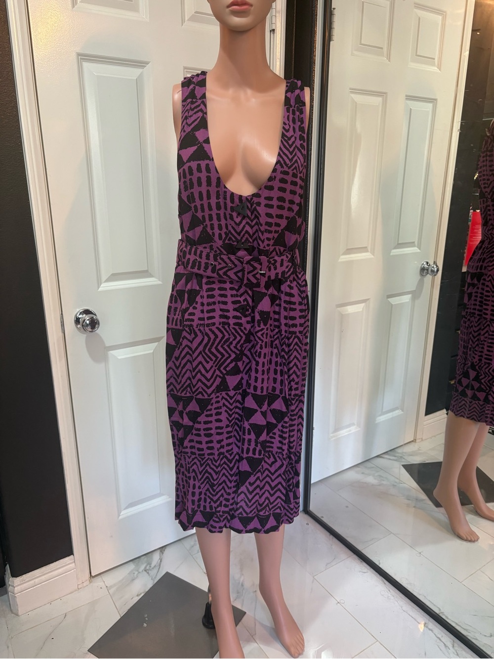 Trashy Diva dark wave 80s Purple and Black Geometric Midi Dress with Tie Waist